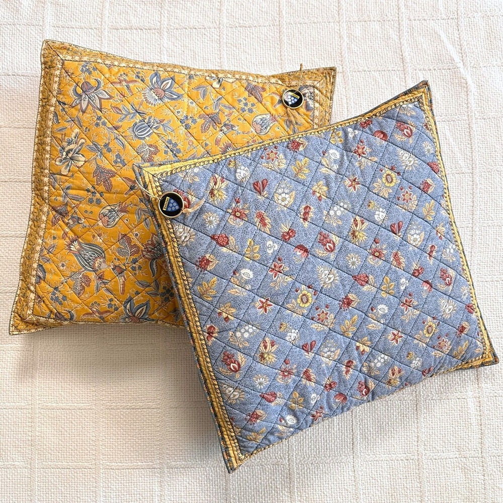 VTG Valdrome France Quilted Floral Throw Pillows Set Yellow Blue Cottagecore